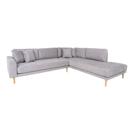 Lido Corner Sofa Open End - Canapé d'angle Open End, face à droite en gris clair avec quatre coussins et pieds en bois naturel, HN14