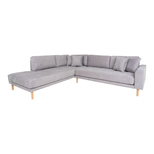 Lido Corner Sofa Open End - Canapé d'angle Open End, orienté à gauche en gris clair avec quatre coussins et pieds en bois naturel, HN14