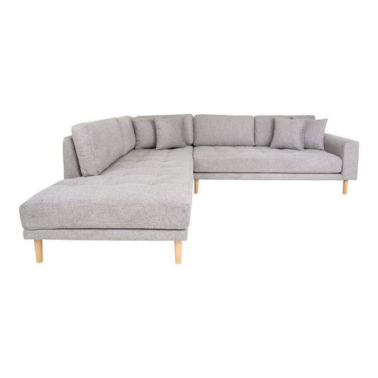 Lido Corner Sofa Open End - Canapé d'angle Open End, orienté à gauche en gris clair avec quatre coussins et pieds en bois naturel, HN14