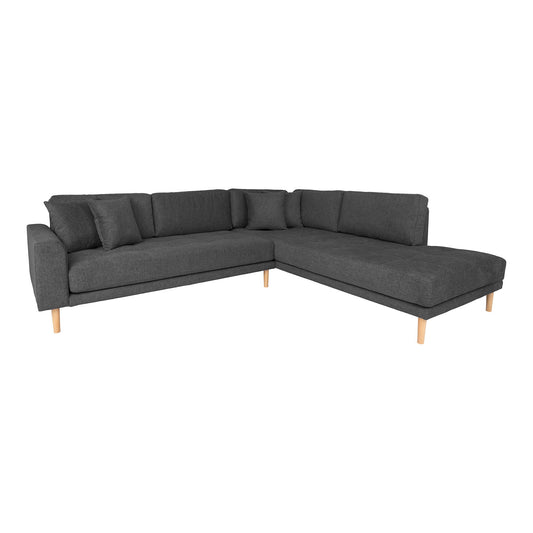 Lido Corner Sofa Open End - Canapé d'angle Open End, face à droite en gris foncé avec quatre coussins et pieds en bois naturel, HN145
