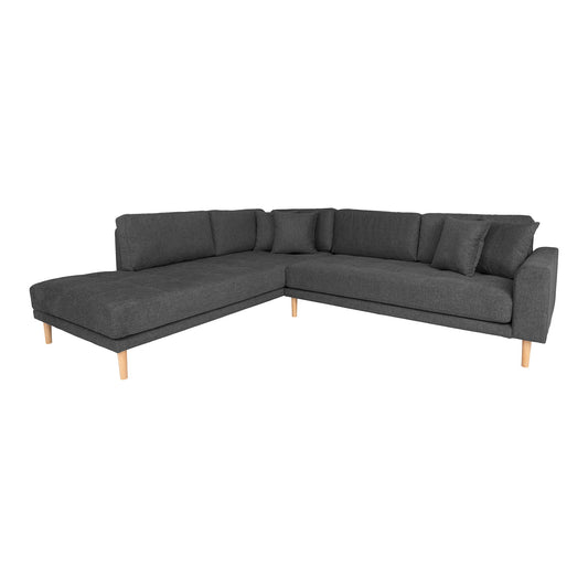 Lido Corner Sofa Open End - Canapé d'angle Open End, orienté à gauche en gris foncé avec quatre coussins et pieds en bois naturel, HN145