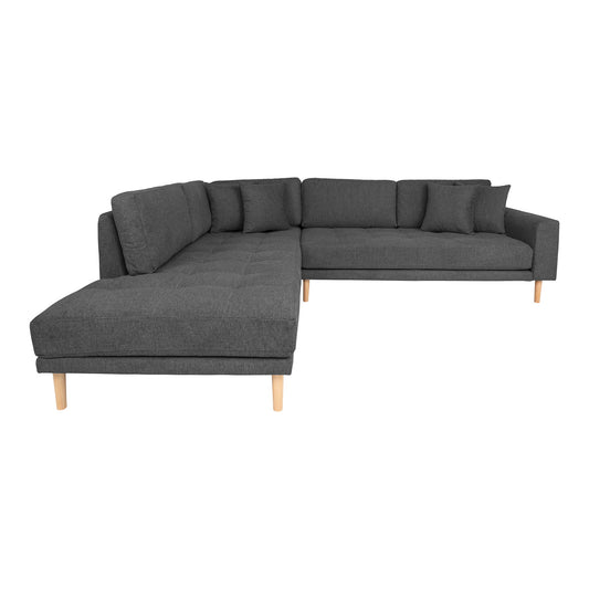 Lido Corner Sofa Open End - Canapé d'angle Open End, orienté à gauche en gris foncé avec quatre coussins et pieds en bois naturel, HN145