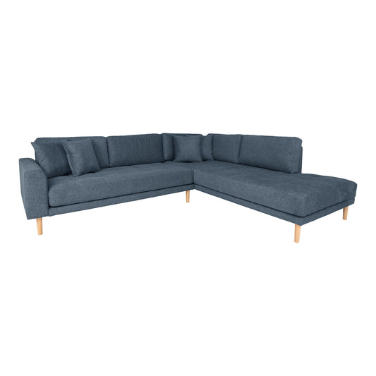Lido Corner Sofa Open End - Canapé d'angle Open End, orienté à droite en bleu foncé avec quatre coussins et pieds en bois naturel, HN135