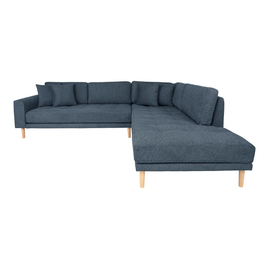 Lido Corner Sofa Open End - Canapé d'angle Open End, orienté à droite en bleu foncé avec quatre coussins et pieds en bois naturel, HN135