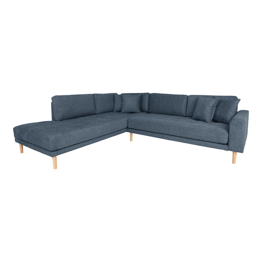 Lido Corner Sofa Open End - Canapé d'angle Open End, orienté à gauche en bleu foncé avec quatre coussins et pieds en bois naturel