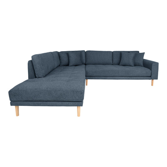 Lido Corner Sofa Open End - Canapé d'angle Open End, orienté à gauche en bleu foncé avec quatre coussins et pieds en bois naturel