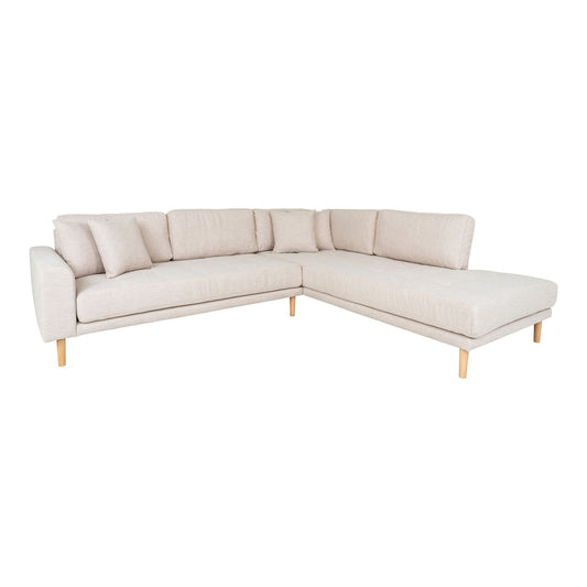 Lido Corner Sofa Open End - Canapé d'angle Open End, face à droite en sable avec quatre coussins et pieds en bois naturel, HN15