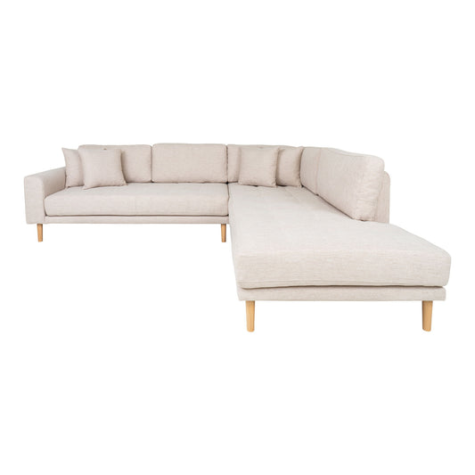 Lido Corner Sofa Open End - Canapé d'angle Open End, face à droite en sable avec quatre coussins et pieds en bois naturel, HN15
