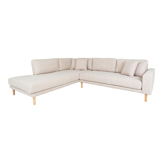 Lido Corner Sofa Open End - Canapé d'angle Open End, orienté à gauche en sable avec quatre coussins et pieds en bois naturel, HN15