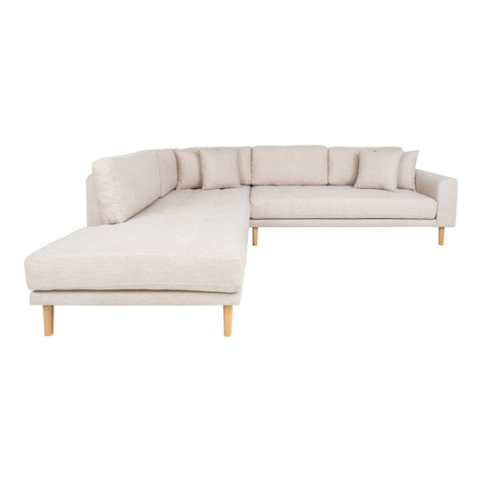 Lido Corner Sofa Open End - Canapé d'angle Open End, orienté à gauche en sable avec quatre coussins et pieds en bois naturel, HN15