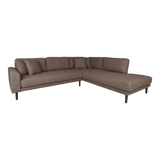 Lido Corner Sofa Open End - Canapé d'angle Open End, face à droite en marron avec quatre coussins et pieds en bois noir, HN155