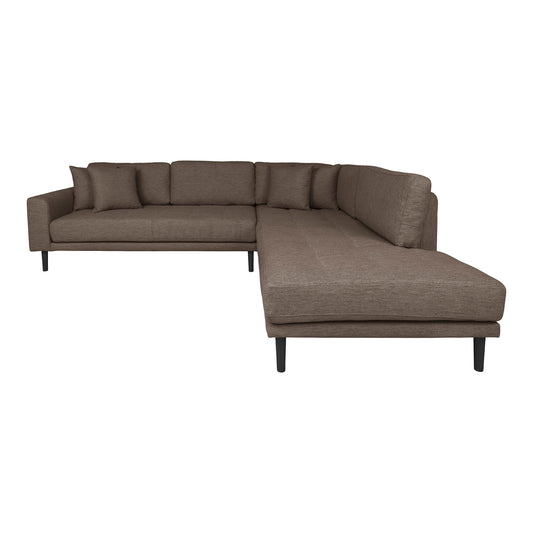 Lido Corner Sofa Open End - Canapé d'angle Open End, face à droite en marron avec quatre coussins et pieds en bois noir, HN155
