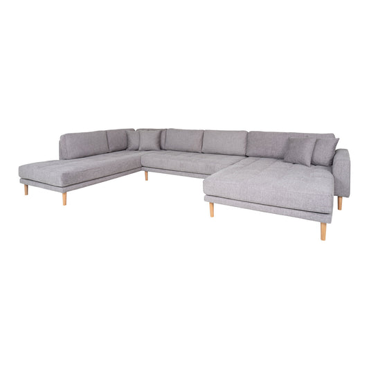 Lido U-Sofa Open End - U-Sofa Open End, face droite en gris clair avec quatre oreillers et pieds en bois naturel, HN14