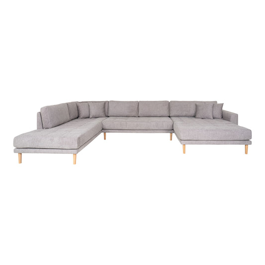 Lido U-Sofa Open End - U-Sofa Open End, face droite en gris clair avec quatre oreillers et pieds en bois naturel, HN14