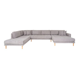 Lido U-Sofa Open End - U-Sofa Open End, face droite en gris clair avec quatre oreillers et pieds en bois naturel, HN14 Lido U-Sofa Open End - U-Sofa Open End, face droite en gris clair avec quatre oreillers et pieds en bois naturel, HN14