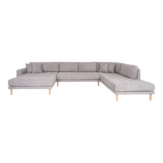 Lido U-Sofa Open End - U-Sofa Open End, face gauche en gris clair avec quatre oreillers et pieds en bois naturel, HN14