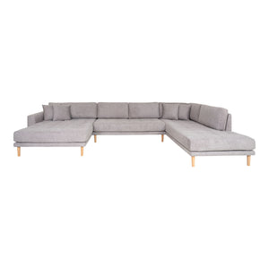 Lido U-Sofa Open End - U-Sofa Open End, face gauche en gris clair avec quatre oreillers et pieds en bois naturel, HN14 Lido U-Sofa Open End - U-Sofa Open End, face gauche en gris clair avec quatre oreillers et pieds en bois naturel, HN14