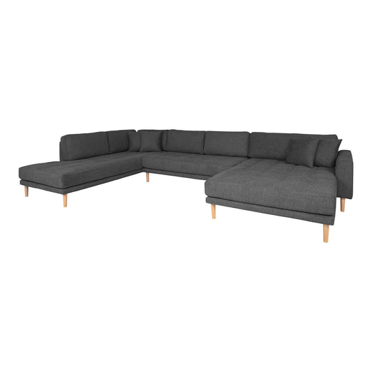 Lido U-Sofa Open End - U-Sofa Open End, face droite en gris foncé avec quatre oreillers et pieds en bois naturel, HN145