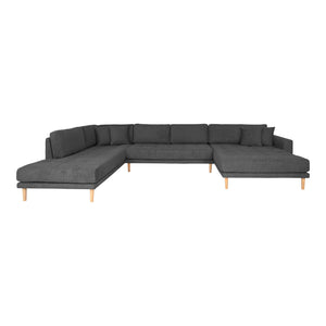 Lido U-Sofa Open End - U-Sofa Open End, face droite en gris foncé avec quatre oreillers et pieds en bois naturel, HN145 Lido U-Sofa Open End - U-Sofa Open End, face droite en gris foncé avec quatre oreillers et pieds en bois naturel, HN145