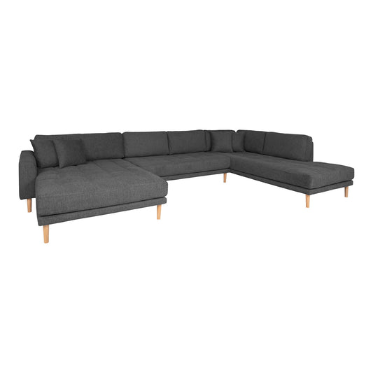 Lido U-Sofa - U-Sofa Open End, face gauche en gris foncé avec quatre oreillers et pieds en bois naturel, HN1451