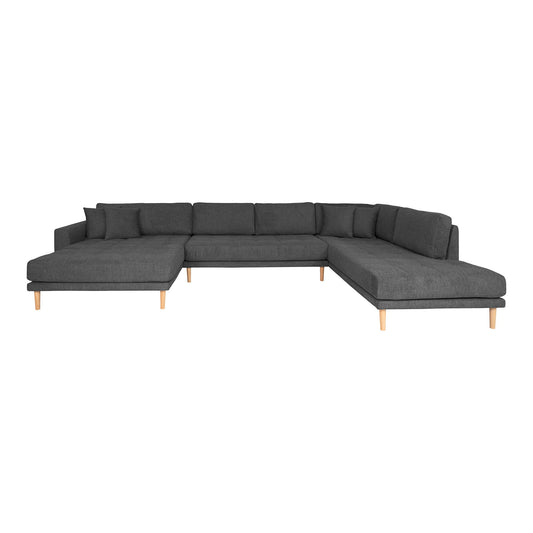 Lido U-Sofa - U-Sofa Open End, face gauche en gris foncé avec quatre oreillers et pieds en bois naturel, HN1451
