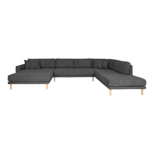 Lido U-Sofa - U-Sofa Open End, face gauche en gris foncé avec quatre oreillers et pieds en bois naturel, HN1451 Lido U-Sofa - U-Sofa Open End, face gauche en gris foncé avec quatre oreillers et pieds en bois naturel, HN1451