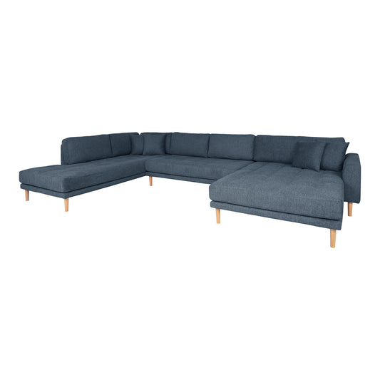 Lido U-Sofa Open End - U-Sofa Open End, face droite en bleu foncé avec quatre oreillers et pieds en bois naturel, HN135