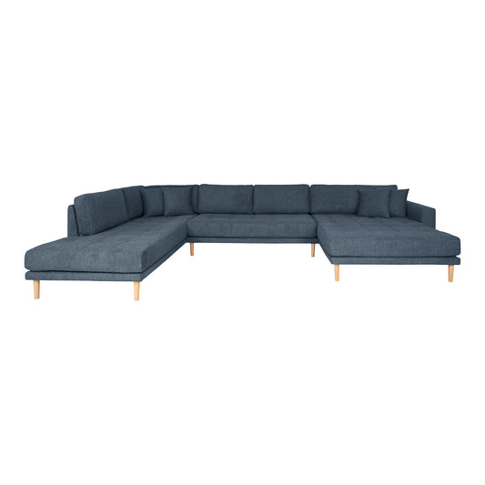 Lido U-Sofa Open End - U-Sofa Open End, face droite en bleu foncé avec quatre oreillers et pieds en bois naturel, HN135