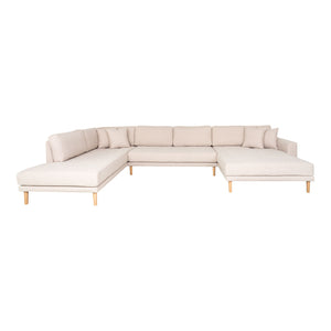 Lido U-Sofa Open End - U-Sofa Open End, face droite en sable avec quatre oreillers et pieds en bois naturel, HN15 Lido U-Sofa Open End - U-Sofa Open End, face droite en sable avec quatre oreillers et pieds en bois naturel, HN15