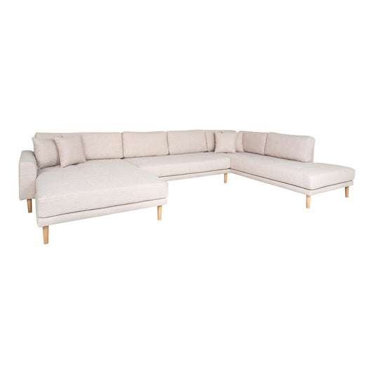 Lido U-Sofa Open End - U-Sofa Open End, face gauche en sable avec quatre oreillers et pieds en bois naturel, HN15