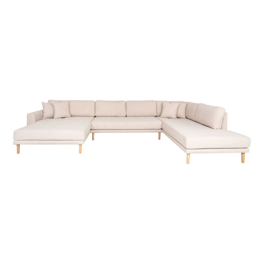 Lido U-Sofa Open End - U-Sofa Open End, face gauche en sable avec quatre oreillers et pieds en bois naturel, HN15