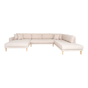 Lido U-Sofa Open End - U-Sofa Open End, face gauche en sable avec quatre oreillers et pieds en bois naturel, HN15 Lido U-Sofa Open End - U-Sofa Open End, face gauche en sable avec quatre oreillers et pieds en bois naturel, HN15