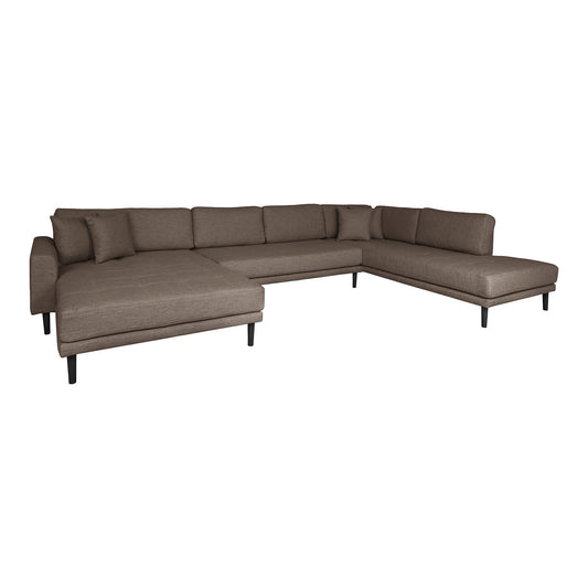 Lido U-Sofa Open End - U-Sofa Open End, face gauche en marron avec quatre oreillers et pieds en bois noir, HN155