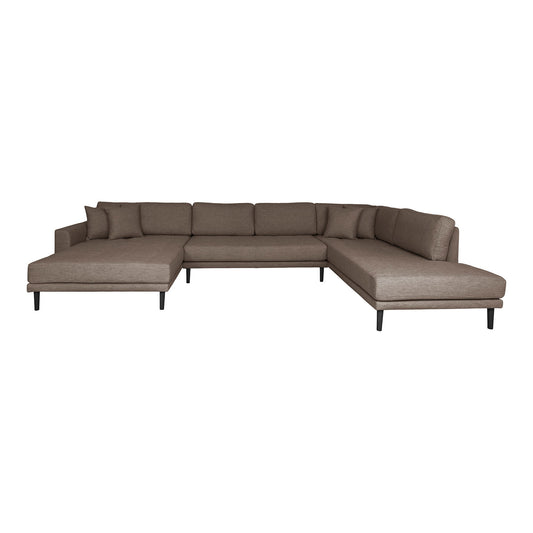 Lido U-Sofa Open End - U-Sofa Open End, face gauche en marron avec quatre oreillers et pieds en bois noir, HN155