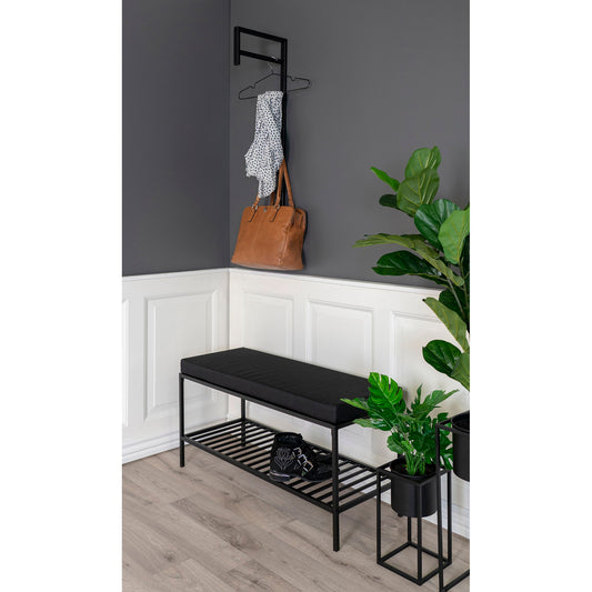 Vita Bench - Banc avec coussin et étagère, noir avec pieds noirs, 1x36x48,5 cm
