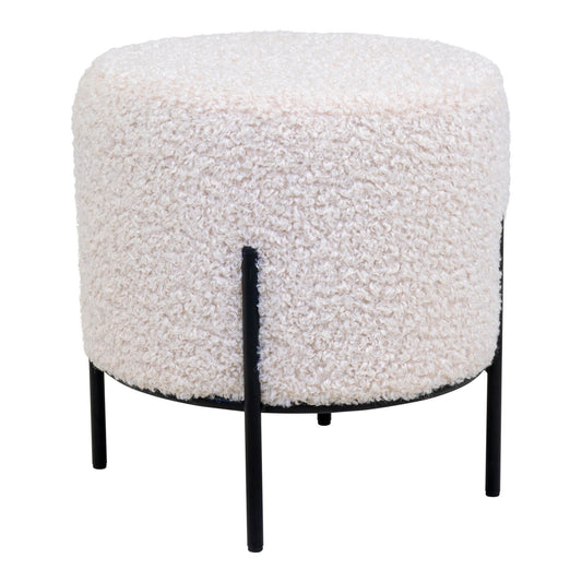 Alford Pouf - Pouf en cuir d'agneau artificiel, blanc avec pieds noirs, Ø35,5x37 cm