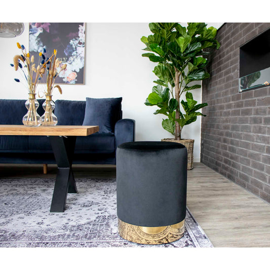 Pouf Gamby - Pouf en velours, noir avec base couleur laiton, Ø34x43 cm, HN127