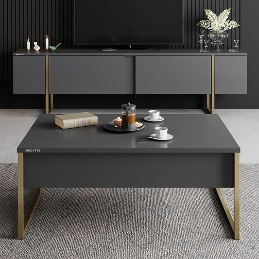 Table basse noir avec pieds en fer doré 40 x 90 x 60 cm