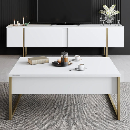 Table basse blanc avec pieds en fer doré 40 x 90 x 60 cm