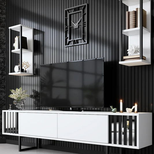 Meuble TV blanc à pieds en fer noir avec étagères 48 x 180 x 30 cm