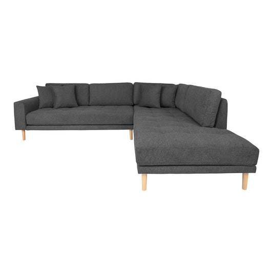 Lido Corner Sofa Open End - Canapé d'angle Open End, face à droite en gris foncé avec quatre coussins et pieds en bois naturel, HN145
