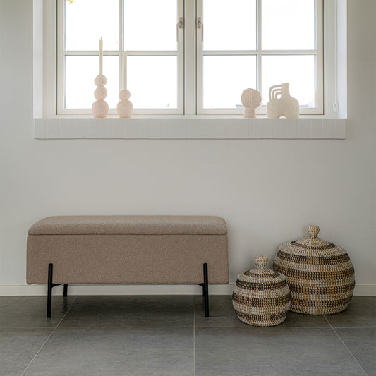 Banc Watford - Banc en bouclé avec rangement, beige pieds noirs, 95x36,5x46 cm, HN1233