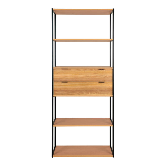 Minato Book Case - Book Case, placage frêne, structure en acier noir, 2 tiroirs 84,5x35x2 cm
