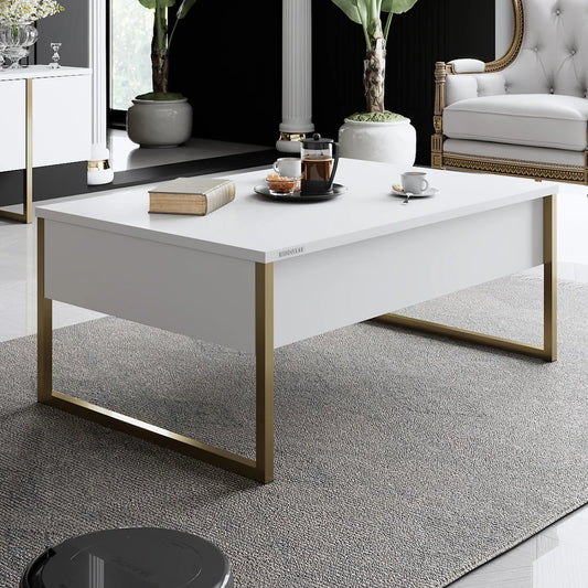 Table basse blanc avec pieds en fer doré 40 x 90 x 60 cm