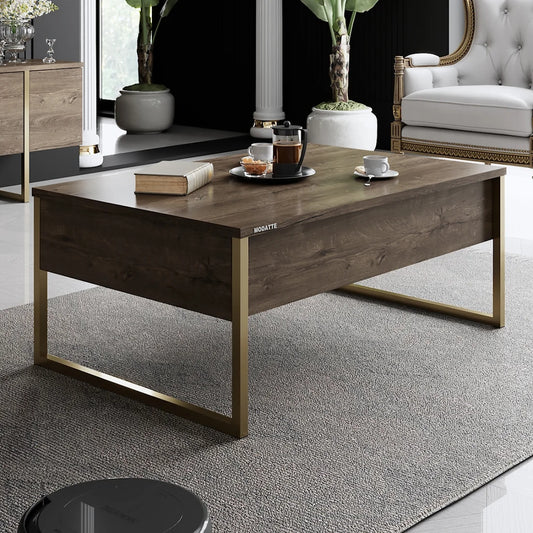 Table basse en bois avec pieds en fer doré 40 x 90 x 60 cm