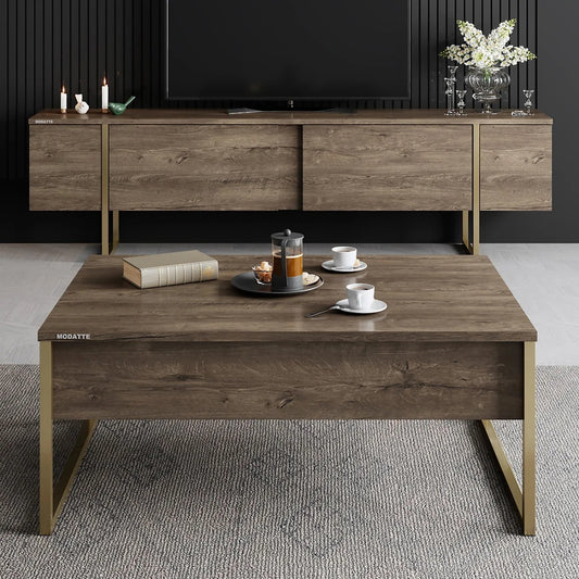 Table basse en bois avec pieds en fer doré 40 x 90 x 60 cm